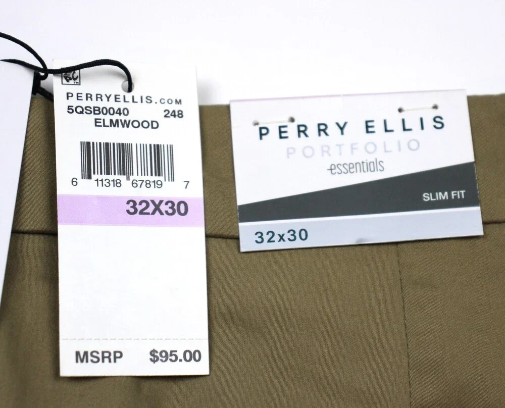 Perry Ellis Portfolio Essentials Pants Mens 32x30 Khaki Slim Fit Stretch Chino